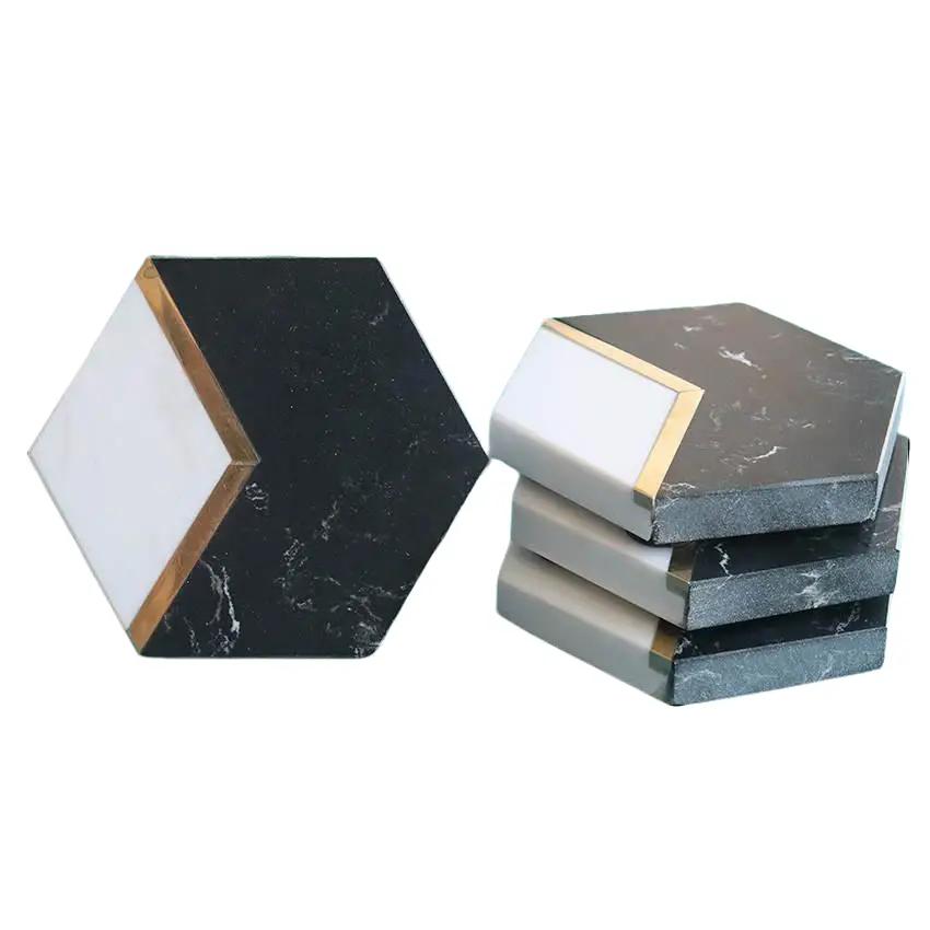 Elegant Hexagonal Marble Coasters - Set of 4, Black and White with Gold Accent