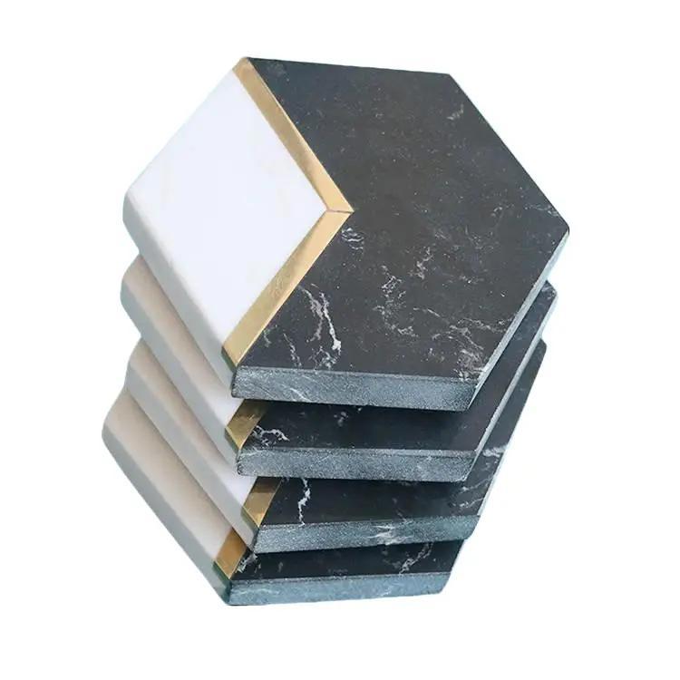 Elegant Hexagonal Marble Coasters - Set of 4, Black and White with Gold Accent