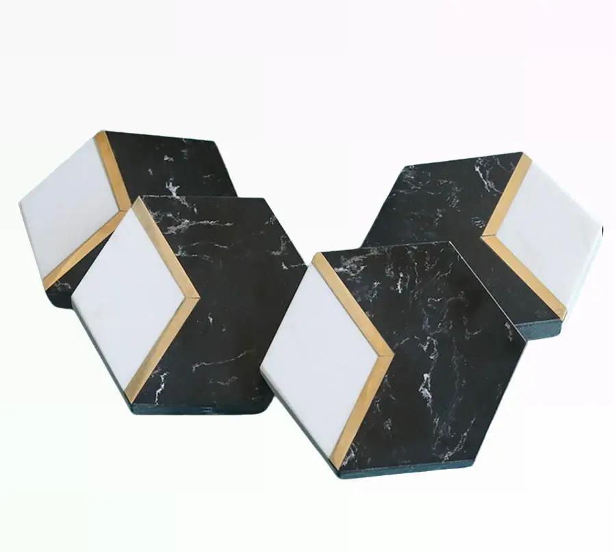 Elegant Hexagonal Marble Coasters - Set of 4, Black and White with Gold Accent