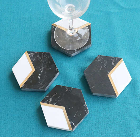 Elegant Hexagonal Marble Coasters - Set of 4, Black and White with Gold Accent