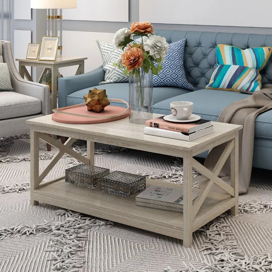 Farmhouse Wood Coffee Table With 2-Tier Storage White Oak Desk