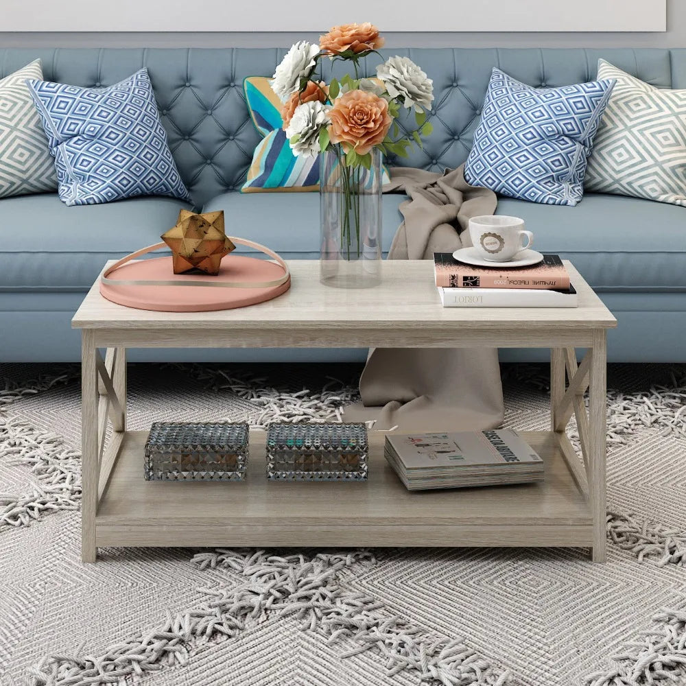 Farmhouse Wood Coffee Table With 2-Tier Storage White Oak Desk