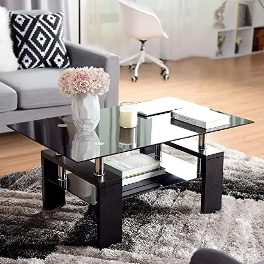 Modern Rectangle Glass Coffee Table with Storage