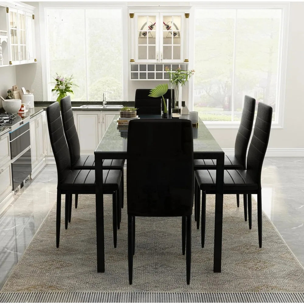 Dining Table Set for 6, Set with 6 PU Leather Chairs, Dining Room Tables Set Large Breakfast with Metal Dining Table