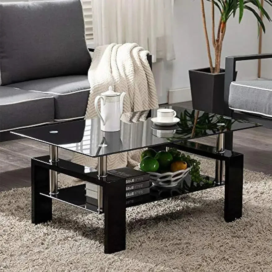 Modern Rectangle Glass Coffee Table with Storage