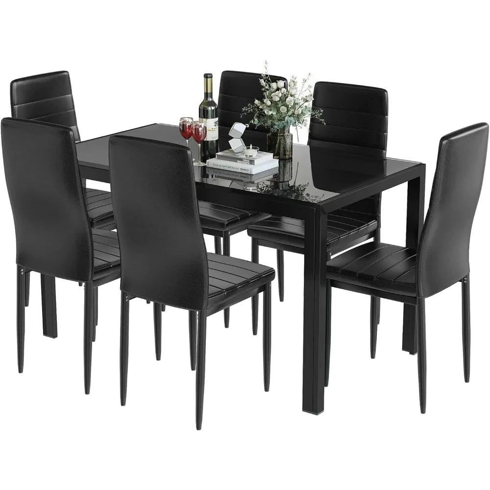 Dining Table Set for 6, Set with 6 PU Leather Chairs, Dining Room Tables Set Large Breakfast with Metal Dining Table