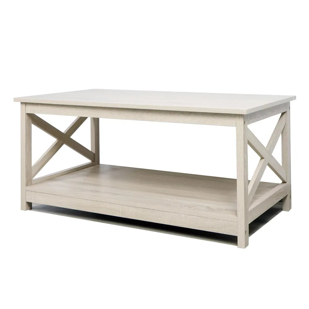 Farmhouse Wood Coffee Table With 2-Tier Storage White Oak Desk