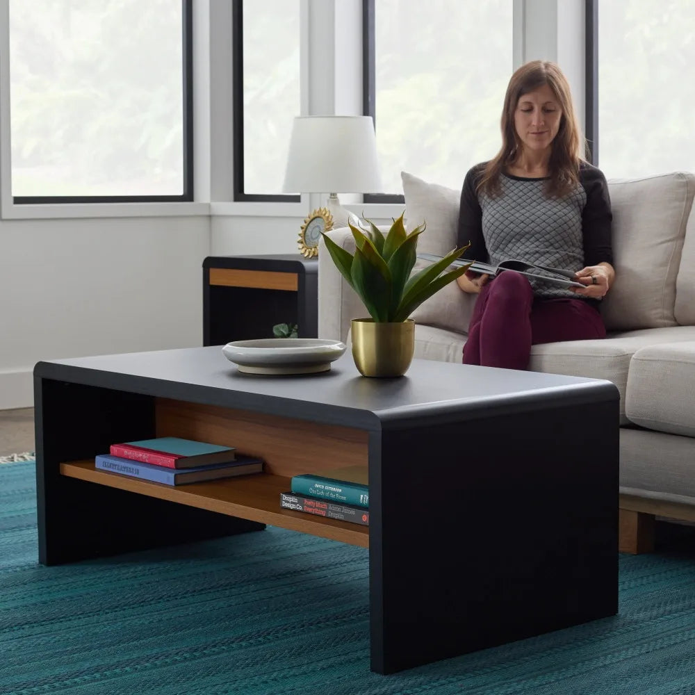 Rounded Corner Coffee Table Black & Oak Home Furniture for Sitting Room Desk Small Console Table Side Living Tea Tables